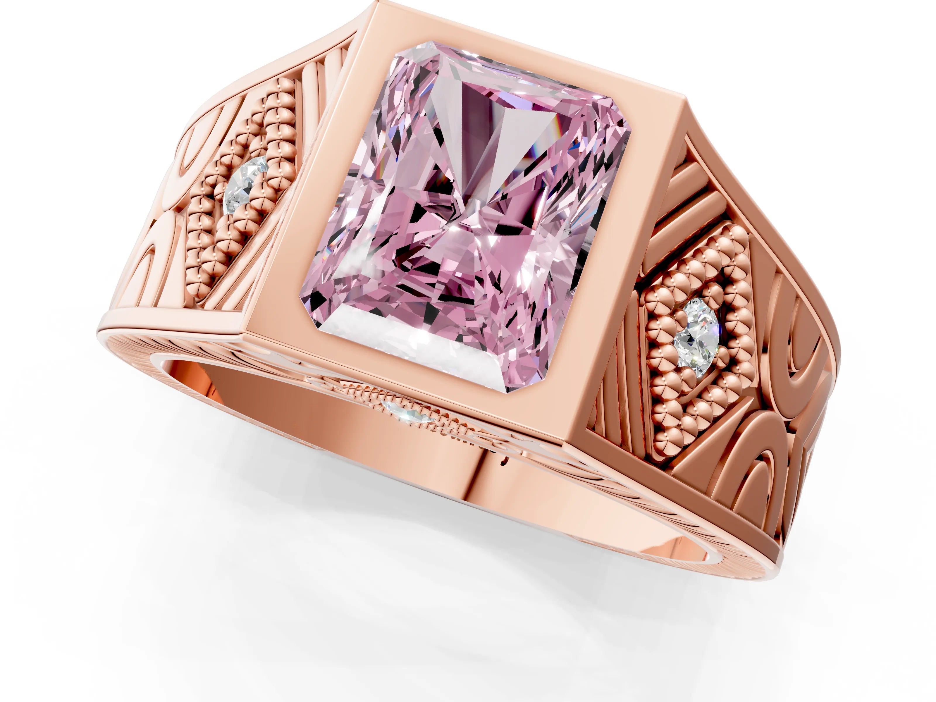 Rose gold Hexagonal Bezel Fancy Pink Radiant Cut Diamond Engraved Band Prong Ring_13