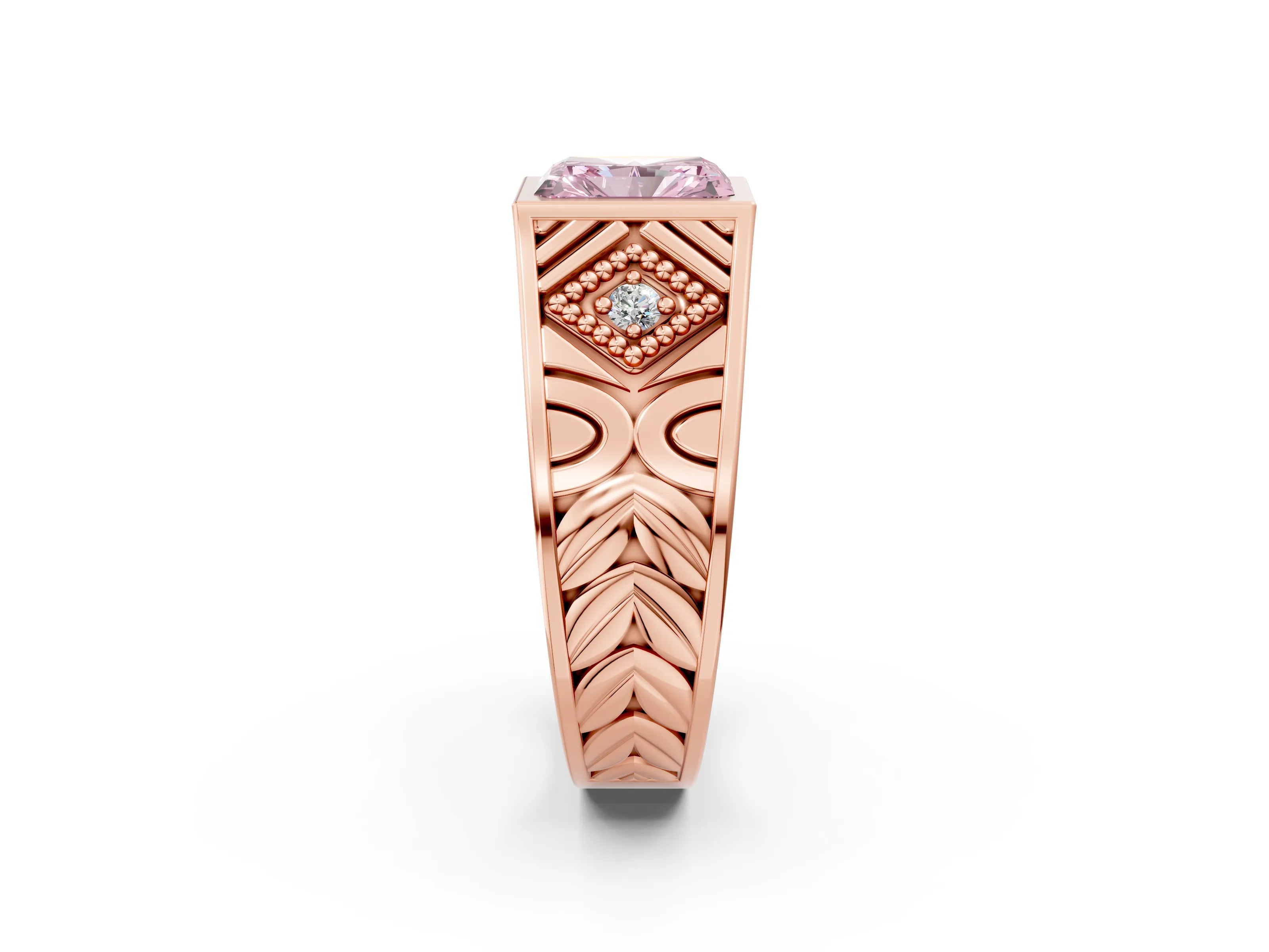 Rose gold Hexagonal Bezel Fancy Pink Radiant Cut Diamond Engraved Band Prong Ring_14