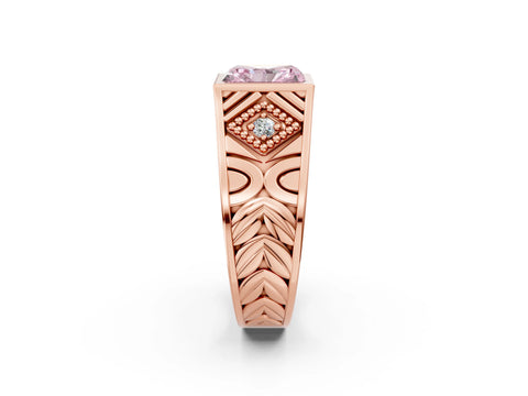 Rose gold Hexagonal Bezel Fancy Pink Radiant Cut Diamond Engraved Band Prong Ring_14