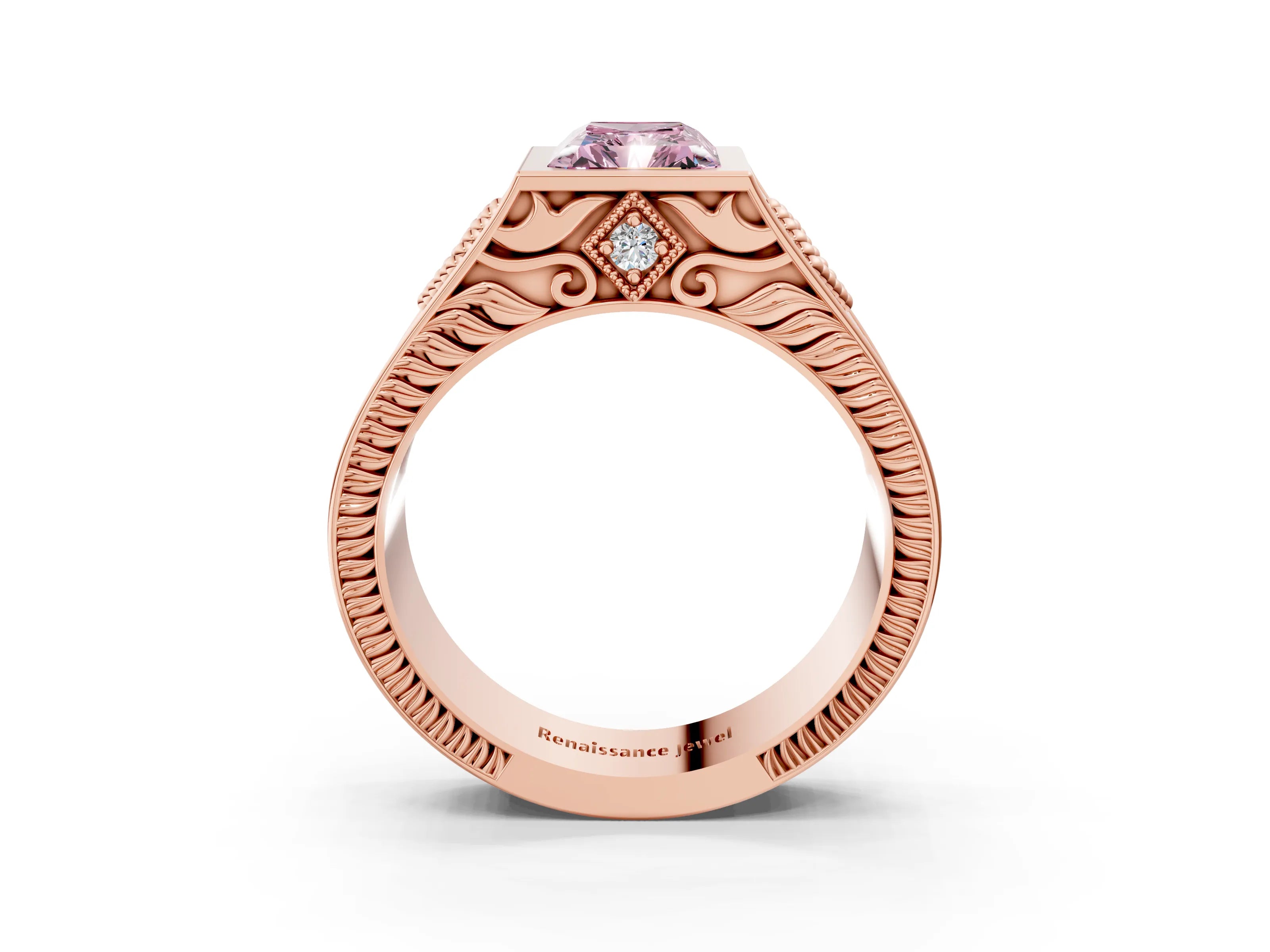 Rose gold Hexagonal Bezel Fancy Pink Radiant Cut Diamond Engraved Band Prong Ring_15