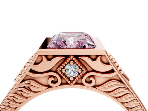 Rose gold Hexagonal Bezel Fancy Pink Radiant Cut Diamond Engraved Band Prong Ring_16