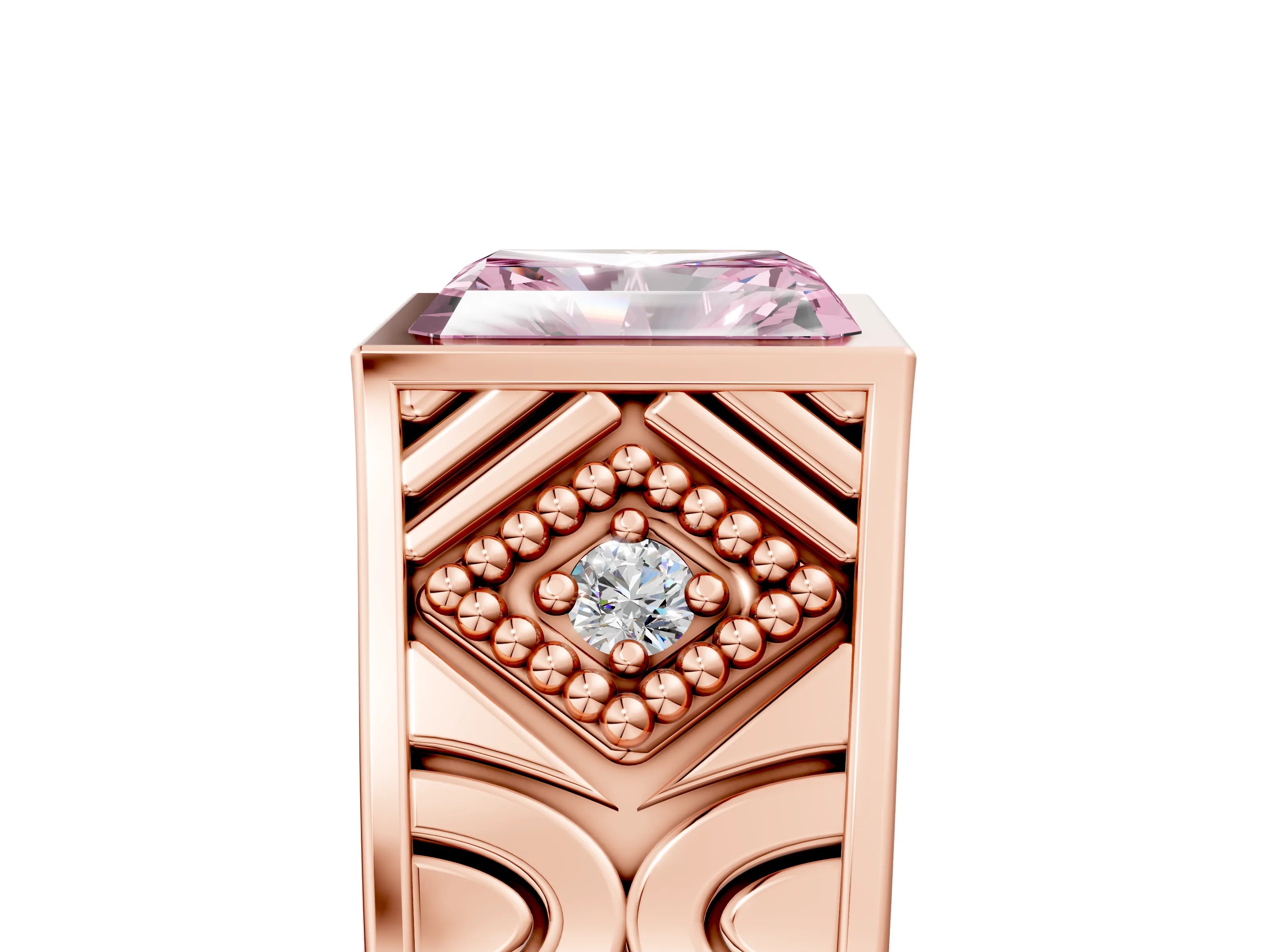 Rose gold Hexagonal Bezel Fancy Pink Radiant Cut Diamond Engraved Band Prong Ring_17