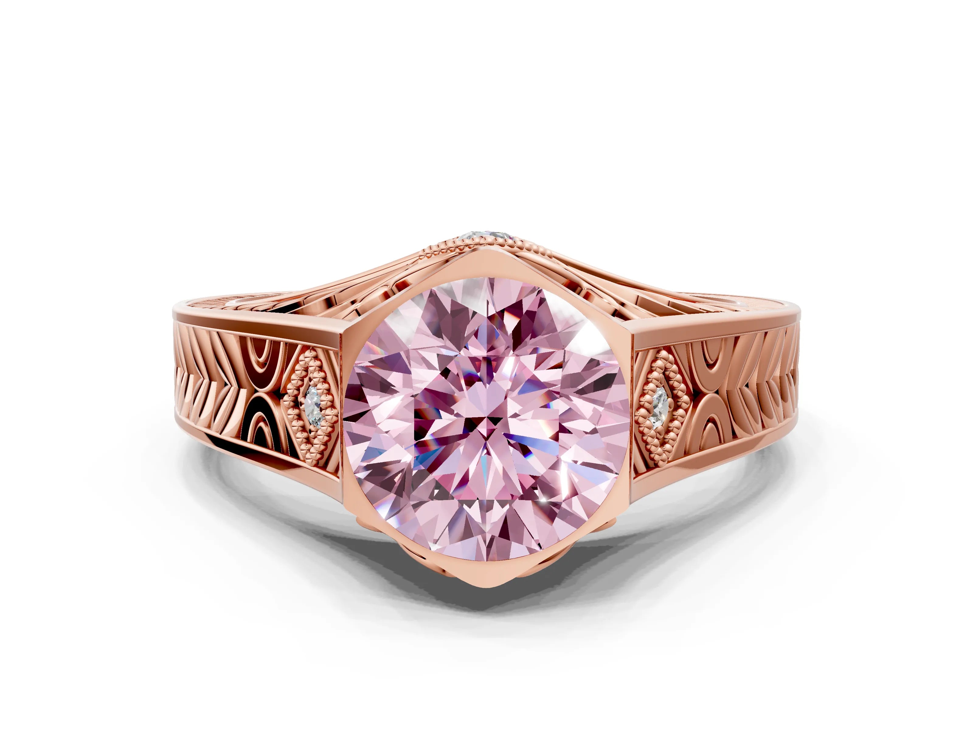 Rose gold Hexagonal Bezel Fancy Pink Round Cut Diamond Engraved Band Prong Ring