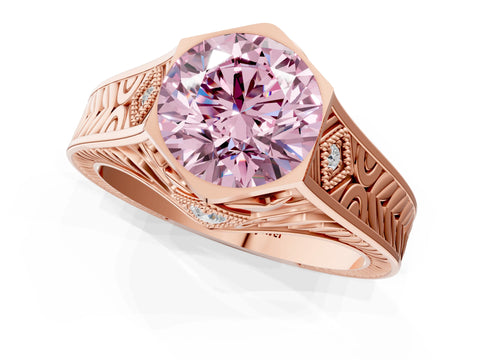 Rose gold Hexagonal Bezel Fancy Pink Round Cut Diamond Engraved Band Prong Ring_1