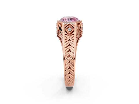 Rose gold Hexagonal Bezel Fancy Pink Round Cut Diamond Engraved Band Prong Ring_2