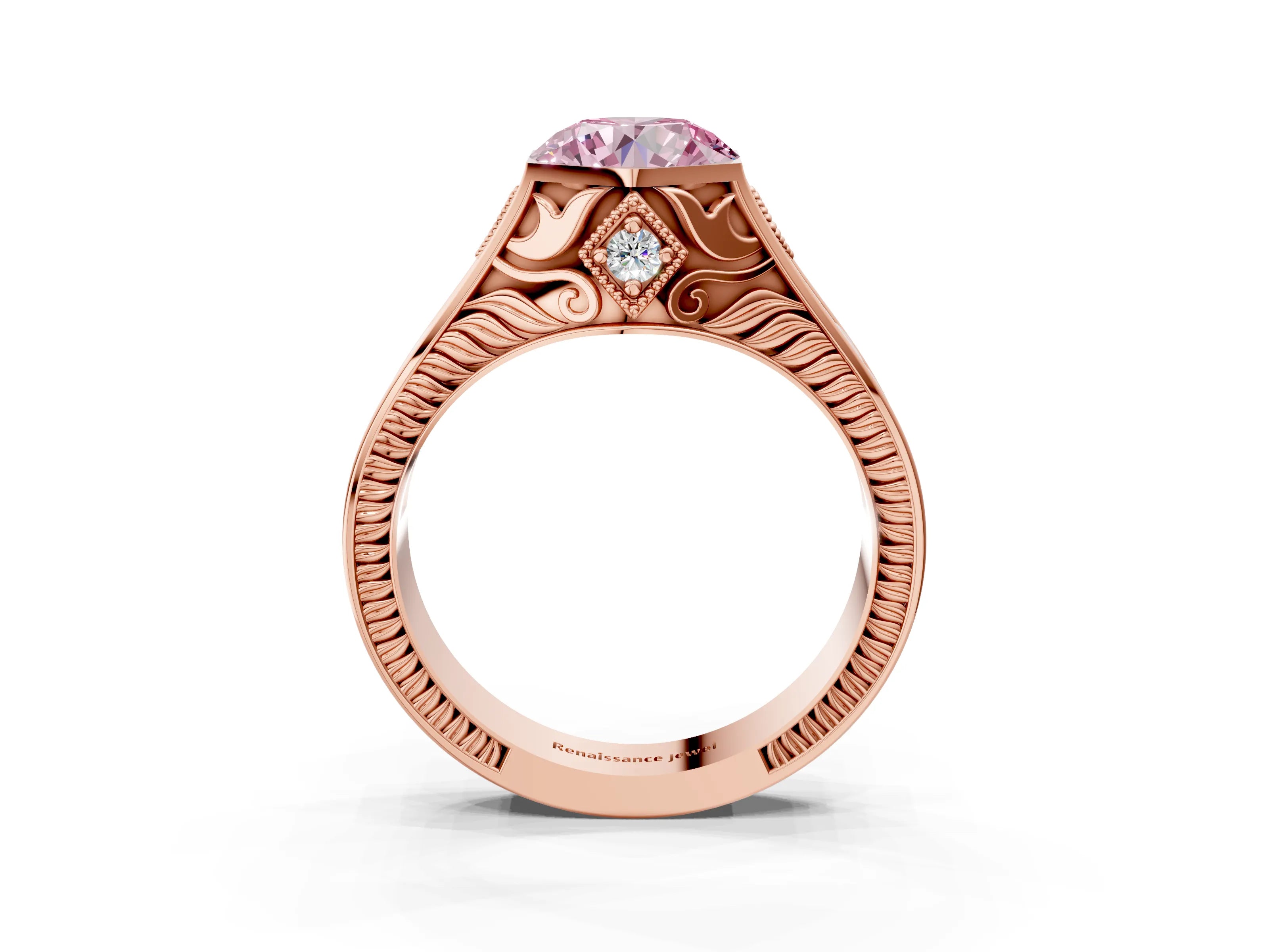 Rose gold Hexagonal Bezel Fancy Pink Round Cut Diamond Engraved Band Prong Ring_3
