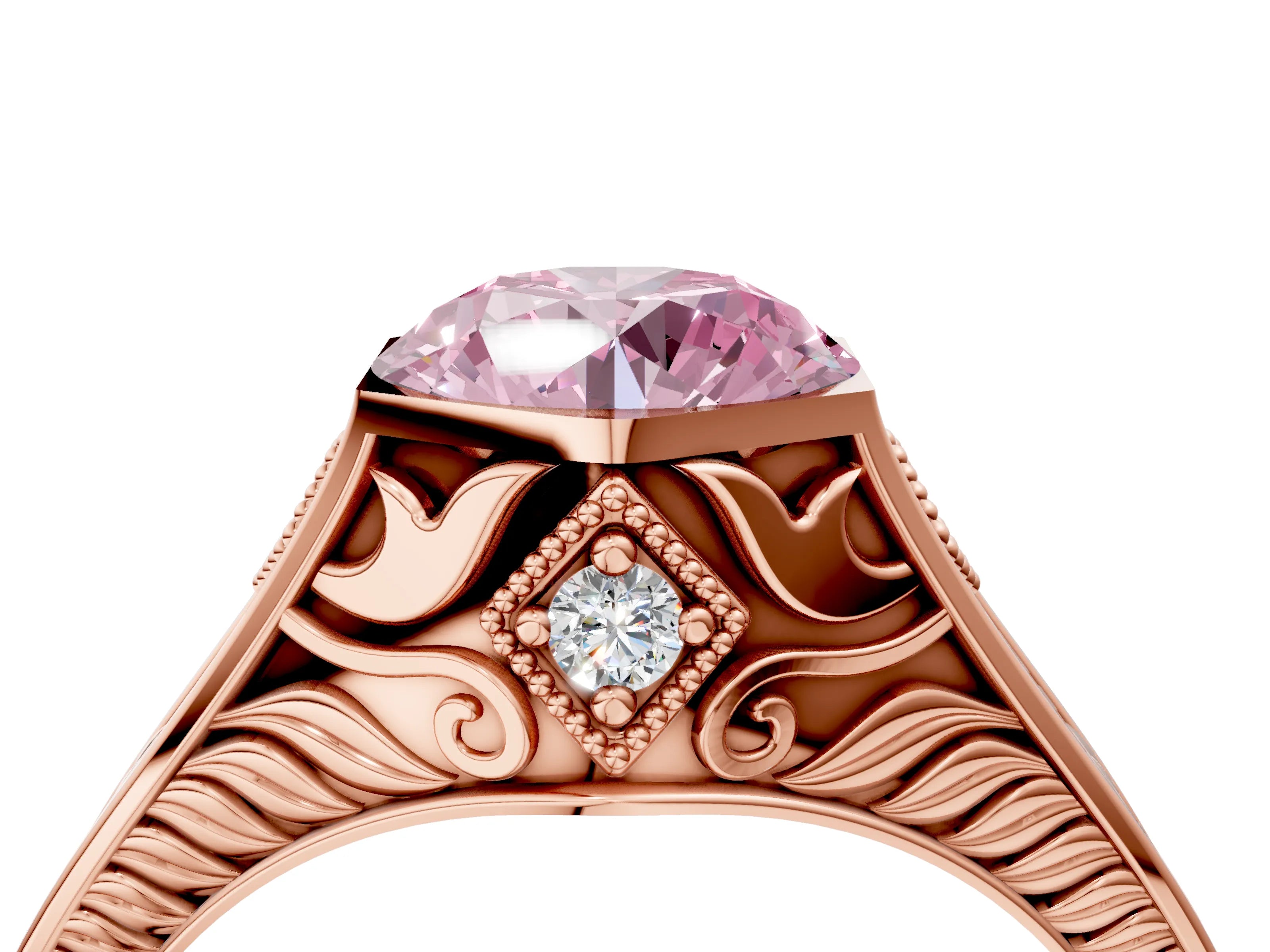 Rose gold Hexagonal Bezel Fancy Pink Round Cut Diamond Engraved Band Prong Ring_4