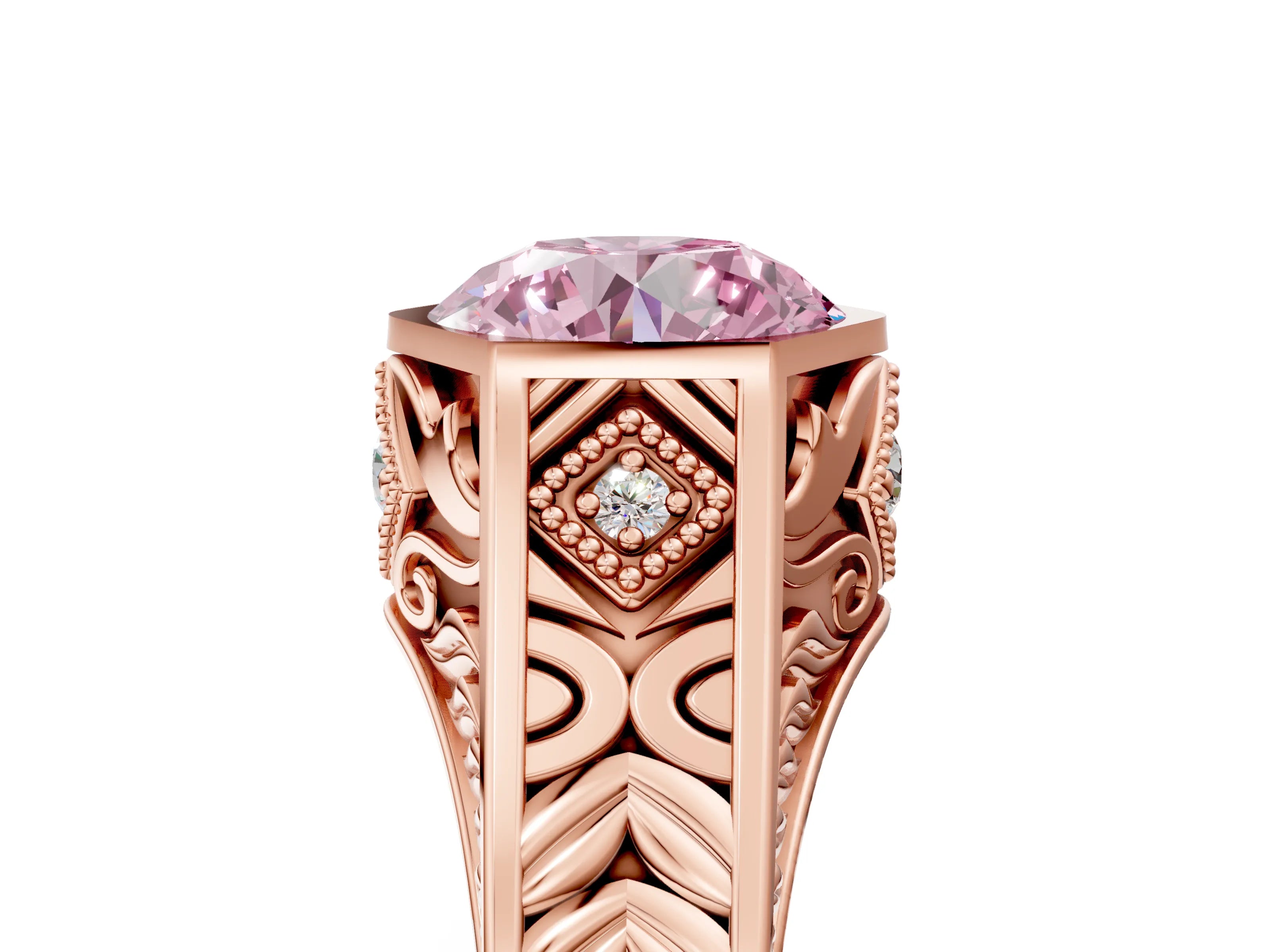 Rose gold Hexagonal Bezel Fancy Pink Round Cut Diamond Engraved Band Prong Ring_5