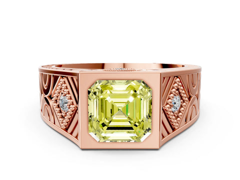 Rose gold Hexagonal Bezel Fancy Yellow Asscher Cut Diamond Engraved Band Prong Ring_12