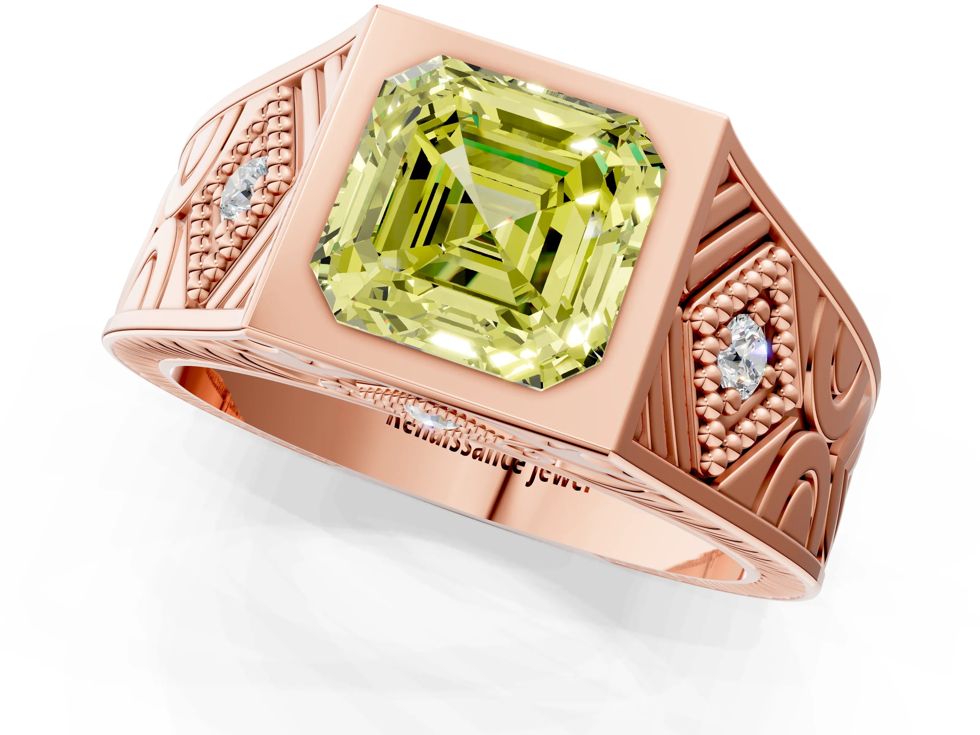 Rose gold Hexagonal Bezel Fancy Yellow Asscher Cut Diamond Engraved Band Prong Ring_13
