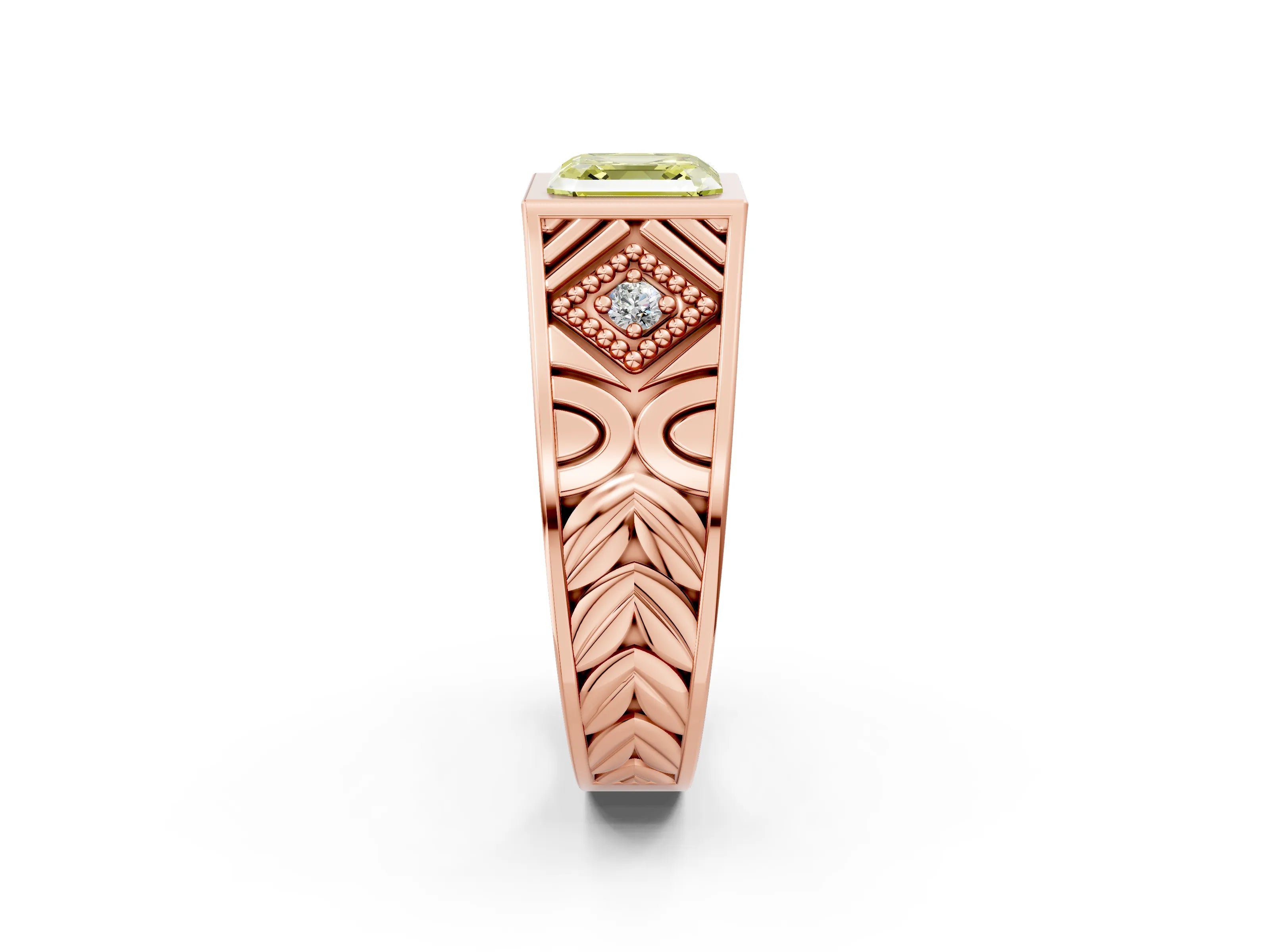 Rose gold Hexagonal Bezel Fancy Yellow Asscher Cut Diamond Engraved Band Prong Ring_14