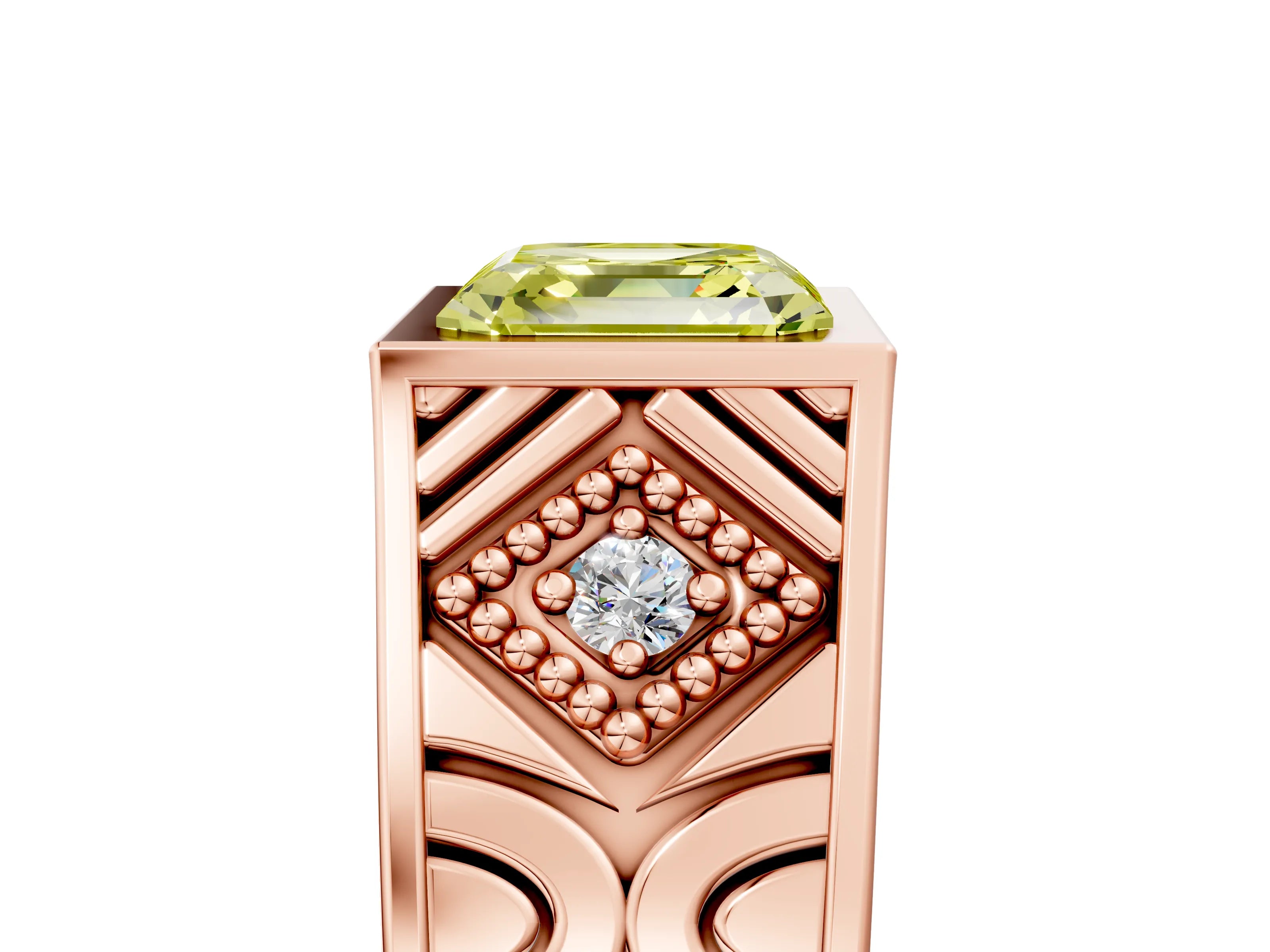 Rose gold Hexagonal Bezel Fancy Yellow Asscher Cut Diamond Engraved Band Prong Ring_17