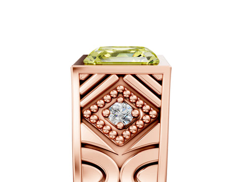 Rose gold Hexagonal Bezel Fancy Yellow Asscher Cut Diamond Engraved Band Prong Ring_17