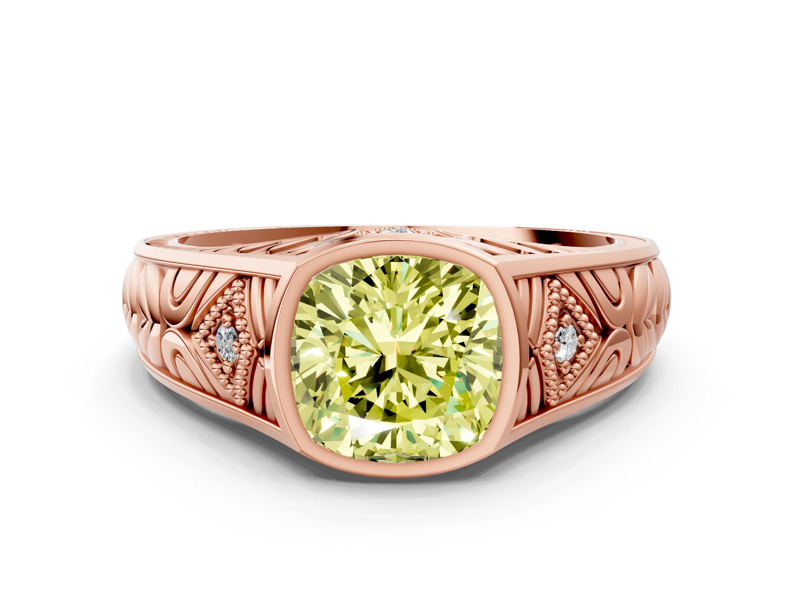 Rose gold Hexagonal Bezel Fancy Yellow Cushion Cut Diamond Engraved Band Prong Ring