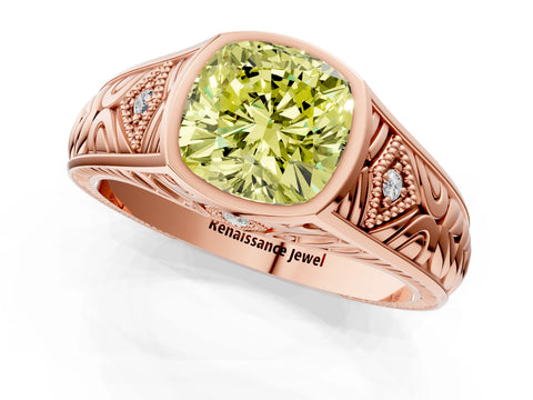 Rose gold Hexagonal Bezel Fancy Yellow Cushion Cut Diamond Engraved Band Prong Ring_1