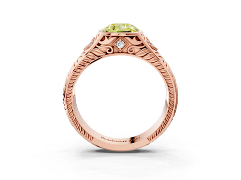 Rose gold Hexagonal Bezel Fancy Yellow Cushion Cut Diamond Engraved Band Prong Ring_3