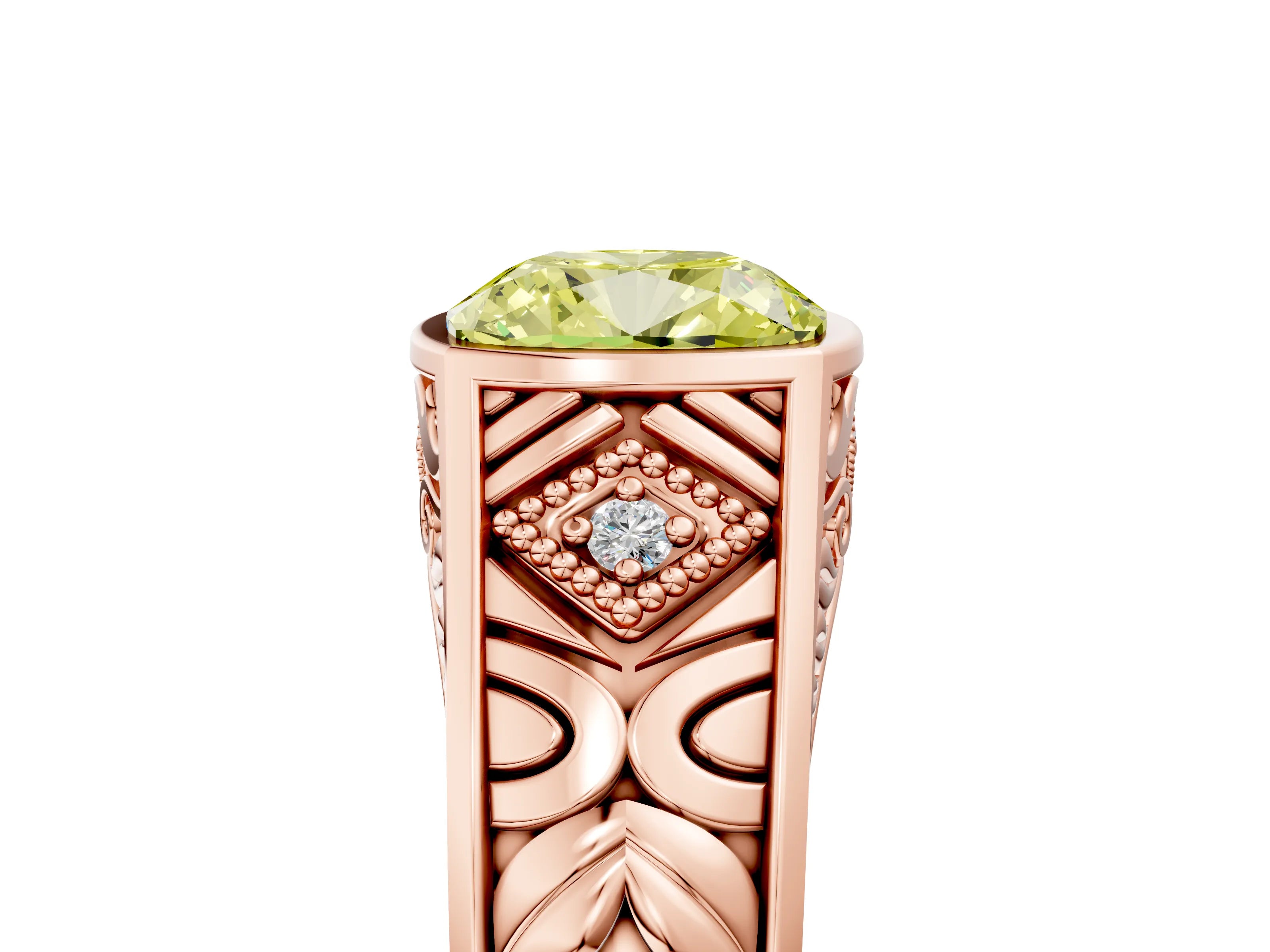 Rose gold Hexagonal Bezel Fancy Yellow Cushion Cut Diamond Engraved Band Prong Ring_5