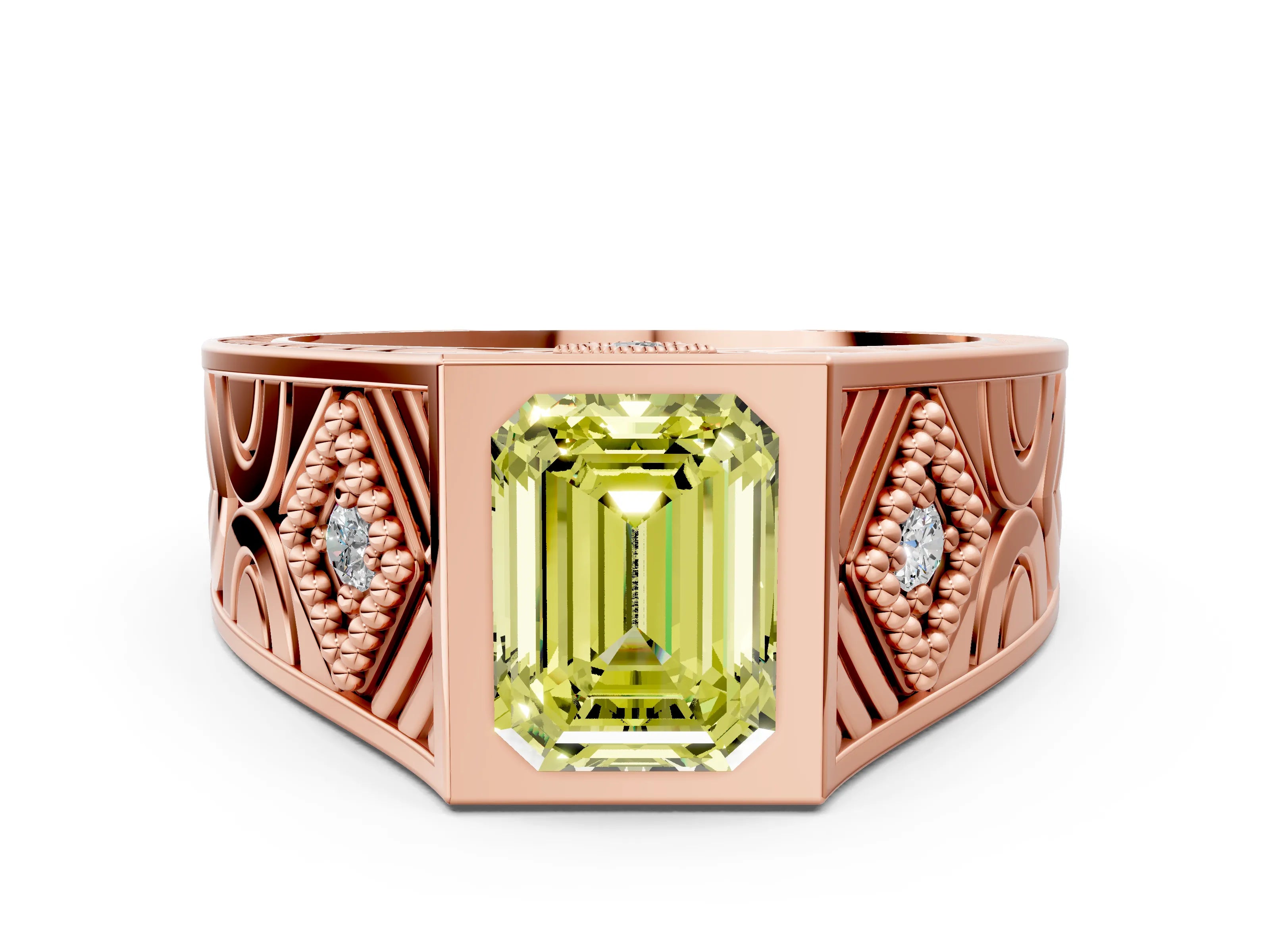 Rose gold Hexagonal Bezel Fancy Yellow Emerald Cut Diamond Engraved Band Prong Ring