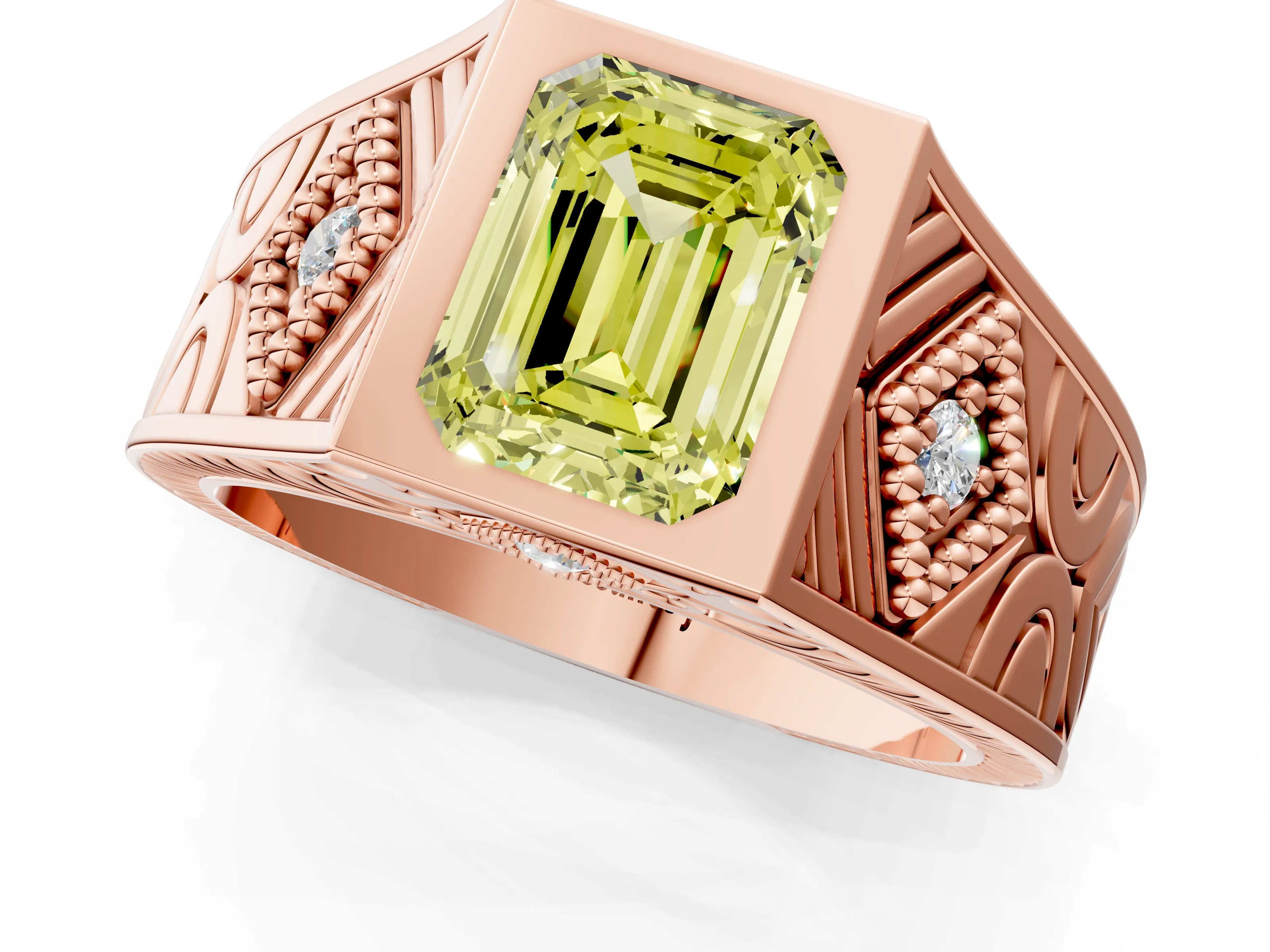 Rose gold Hexagonal Bezel Fancy Yellow Emerald Cut Diamond Engraved Band Prong Ring_1
