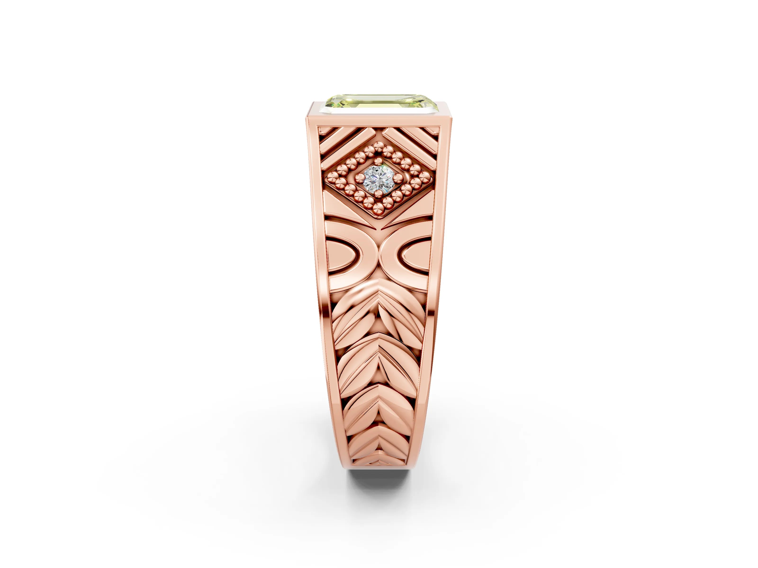 Rose gold Hexagonal Bezel Fancy Yellow Emerald Cut Diamond Engraved Band Prong Ring_2