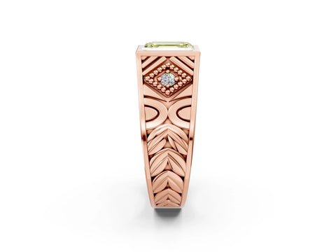 Rose gold Hexagonal Bezel Fancy Yellow Emerald Cut Diamond Engraved Band Prong Ring_2