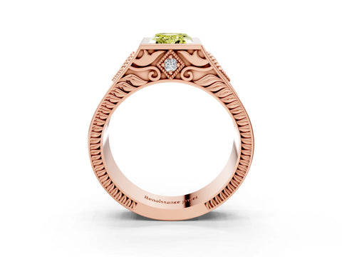Rose gold Hexagonal Bezel Fancy Yellow Emerald Cut Diamond Engraved Band Prong Ring_3