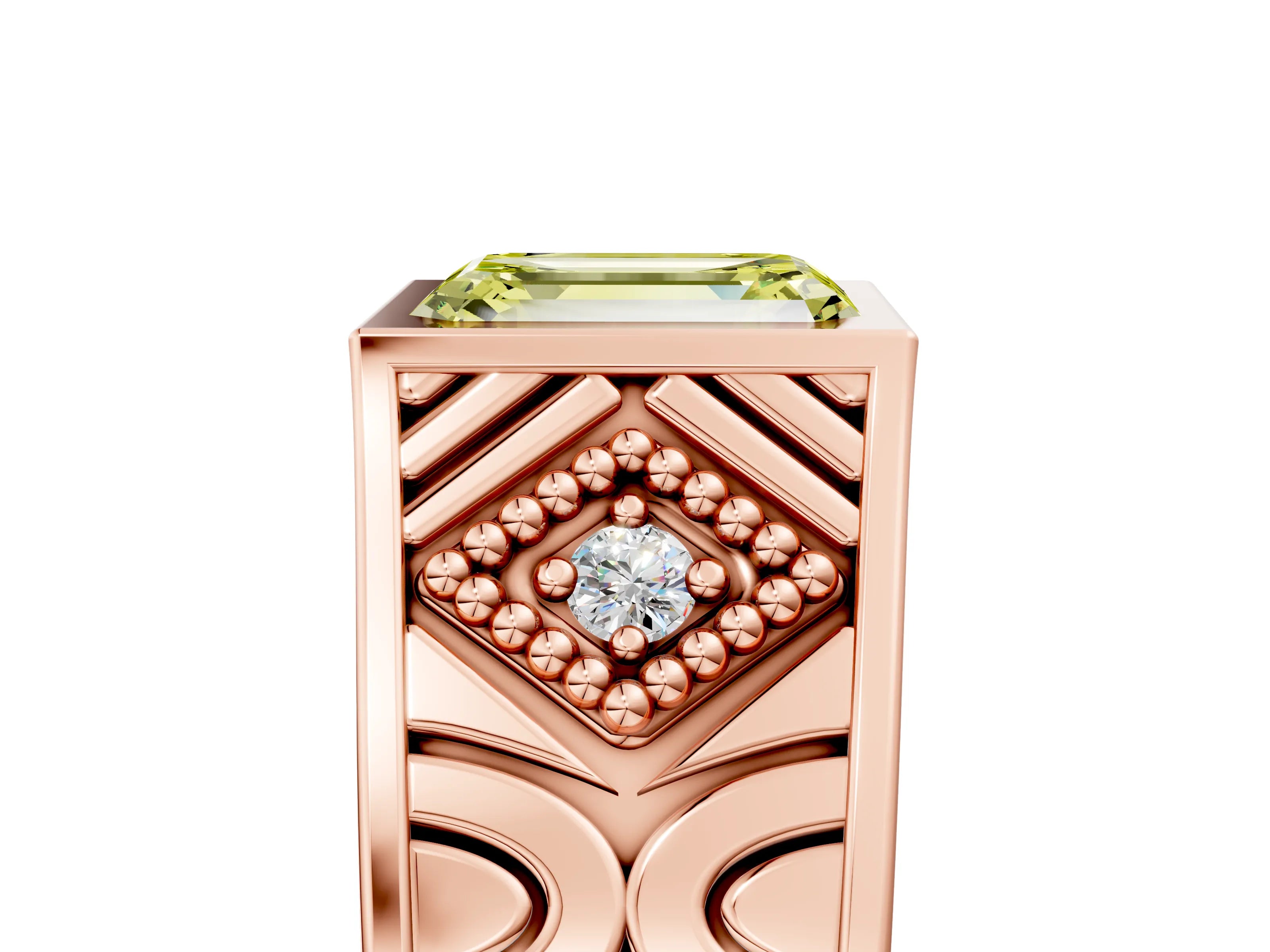 Rose gold Hexagonal Bezel Fancy Yellow Emerald Cut Diamond Engraved Band Prong Ring_5