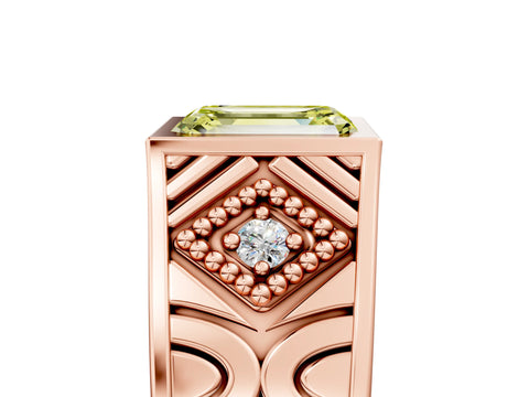Rose gold Hexagonal Bezel Fancy Yellow Emerald Cut Diamond Engraved Band Prong Ring_5