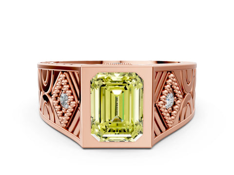 Rose gold Hexagonal Bezel Fancy Yellow Emerald Cut Diamond Engraved Band Prong Ring