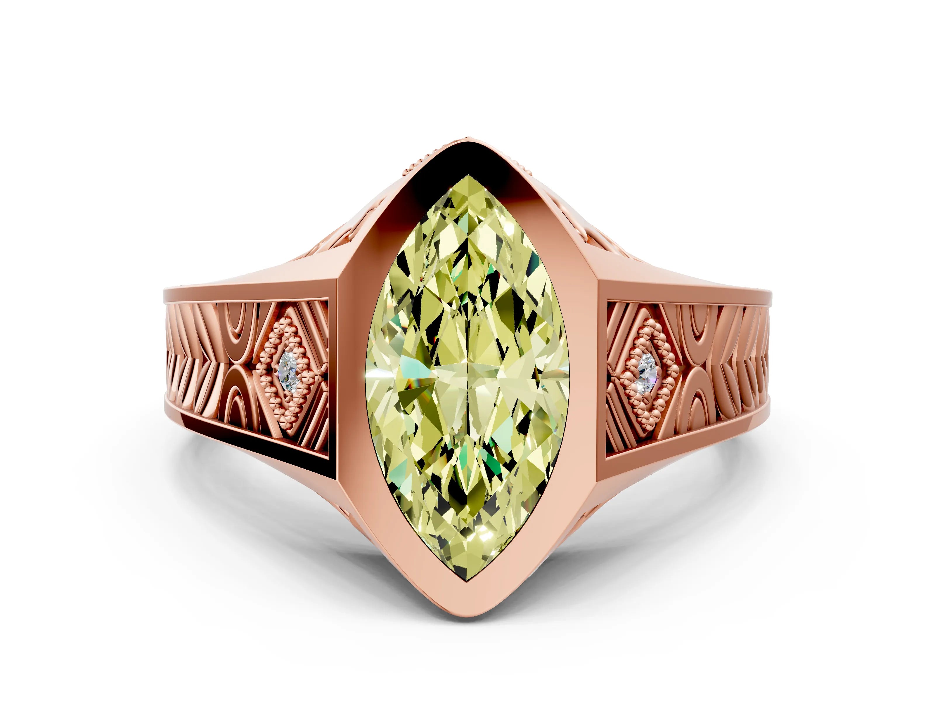 Rose gold Hexagonal Bezel Fancy Yellow Marquise Cut Diamond Engraved Band Prong Ring