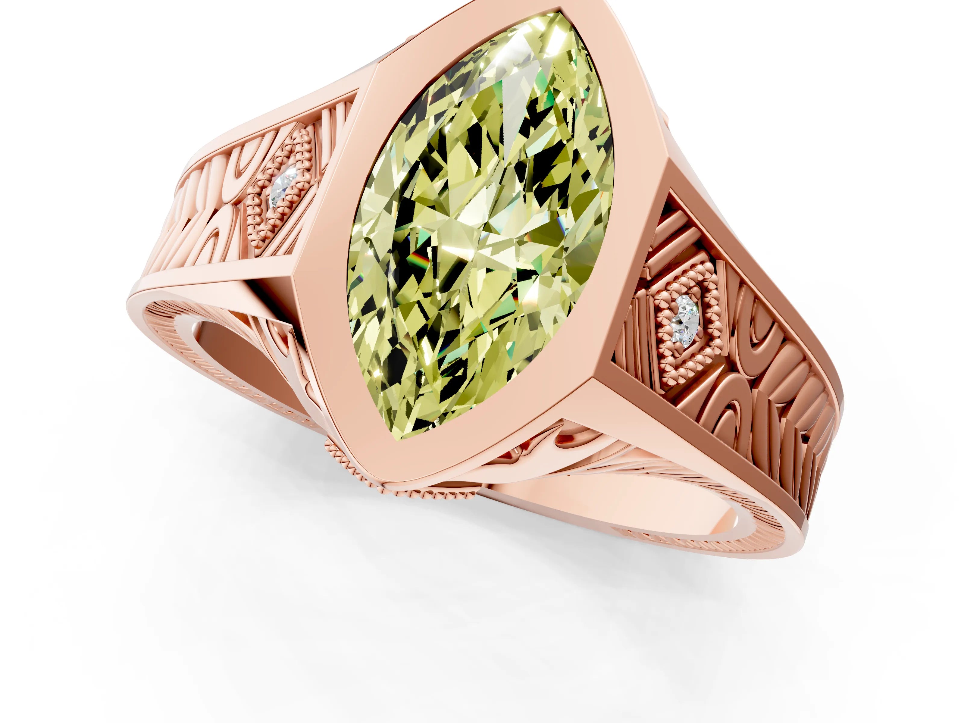 Rose gold Hexagonal Bezel Fancy Yellow Marquise Cut Diamond Engraved Band Prong Ring_1