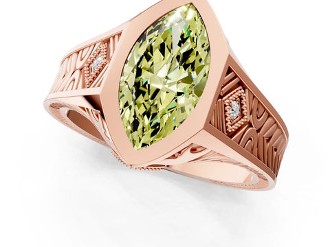 Rose gold Hexagonal Bezel Fancy Yellow Marquise Cut Diamond Engraved Band Prong Ring_1