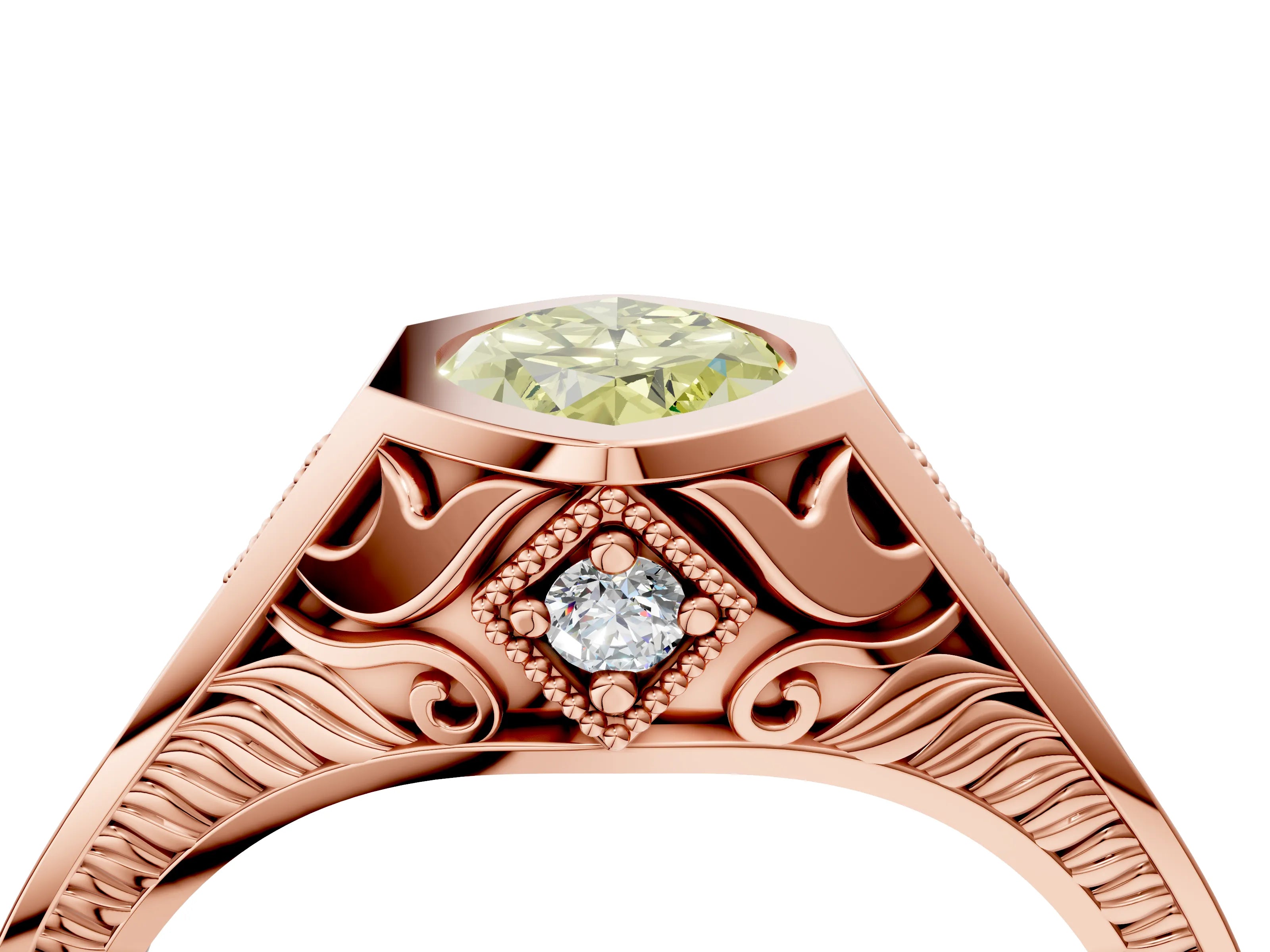 Rose gold Hexagonal Bezel Fancy Yellow Marquise Cut Diamond Engraved Band Prong Ring_4