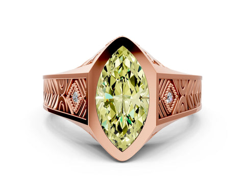 Rose gold Hexagonal Bezel Fancy Yellow Marquise Cut Diamond Engraved Band Prong Ring