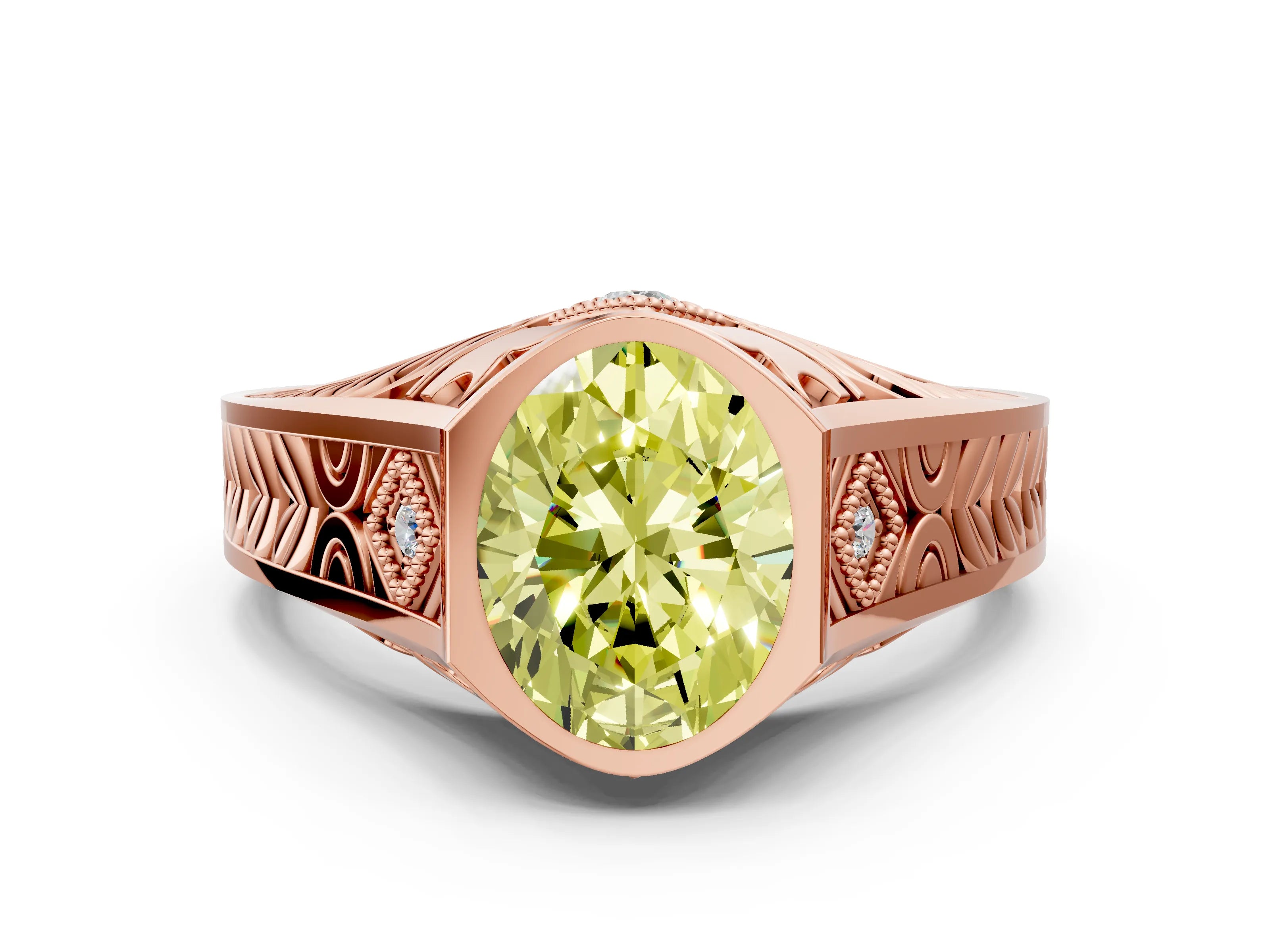 Rose gold Hexagonal Bezel Fancy Yellow Oval Cut Diamond Engraved Band Prong Ring_12