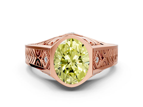Rose gold Hexagonal Bezel Fancy Yellow Oval Cut Diamond Engraved Band Prong Ring_12