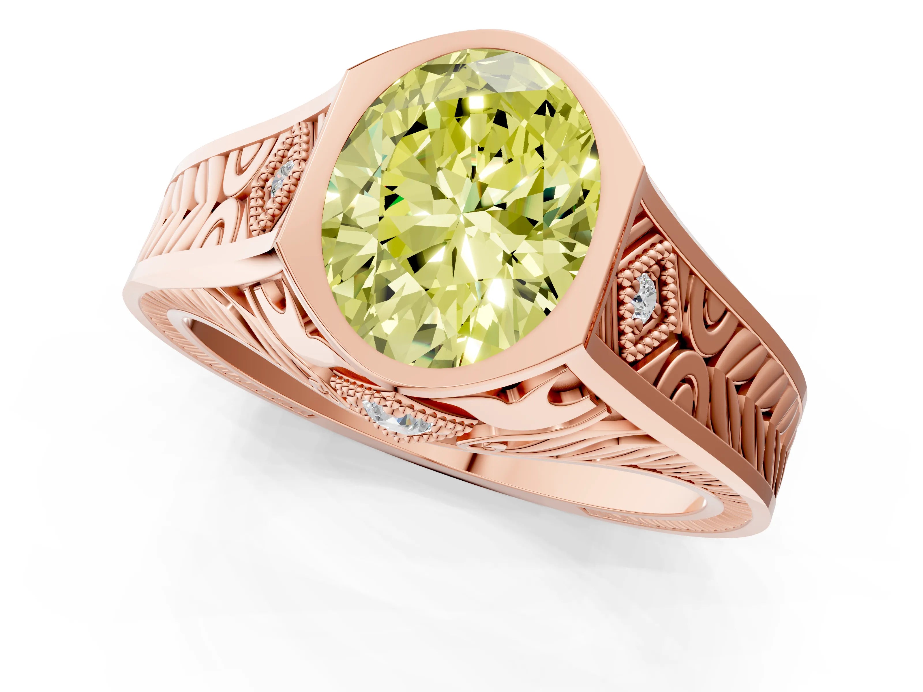 Rose gold Hexagonal Bezel Fancy Yellow Oval Cut Diamond Engraved Band Prong Ring_13