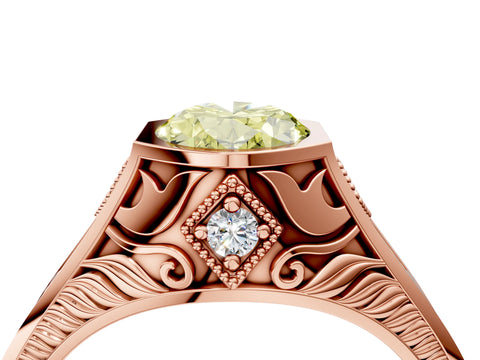 Rose gold Hexagonal Bezel Fancy Yellow Oval Cut Diamond Engraved Band Prong Ring_16