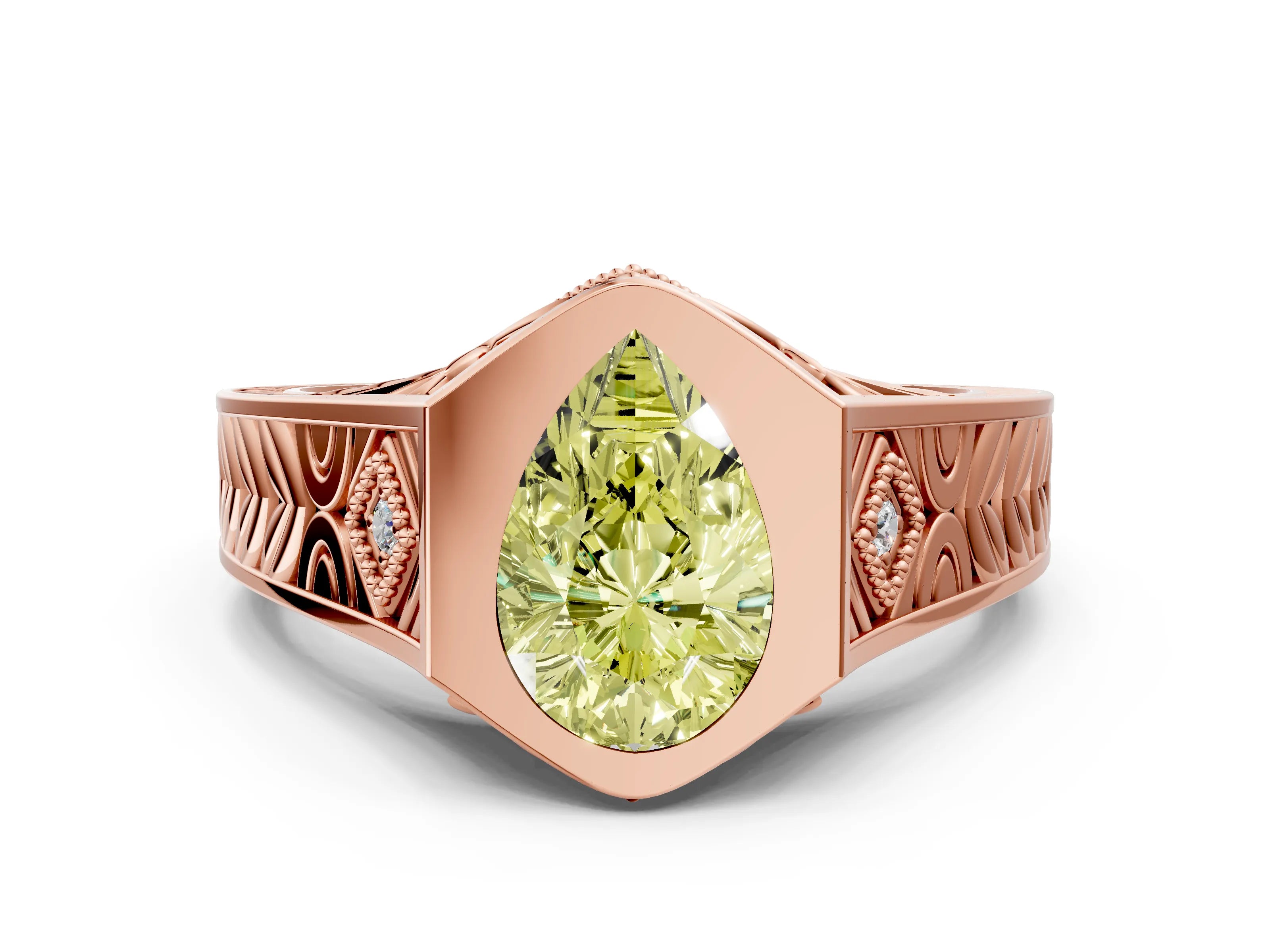 Rose gold Hexagonal Bezel Fancy Yellow Pear Cut Diamond Engraved Band Prong Ring_12