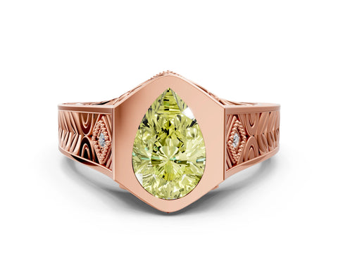 Rose gold Hexagonal Bezel Fancy Yellow Pear Cut Diamond Engraved Band Prong Ring_12