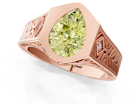 Rose gold Hexagonal Bezel Fancy Yellow Pear Cut Diamond Engraved Band Prong Ring_13