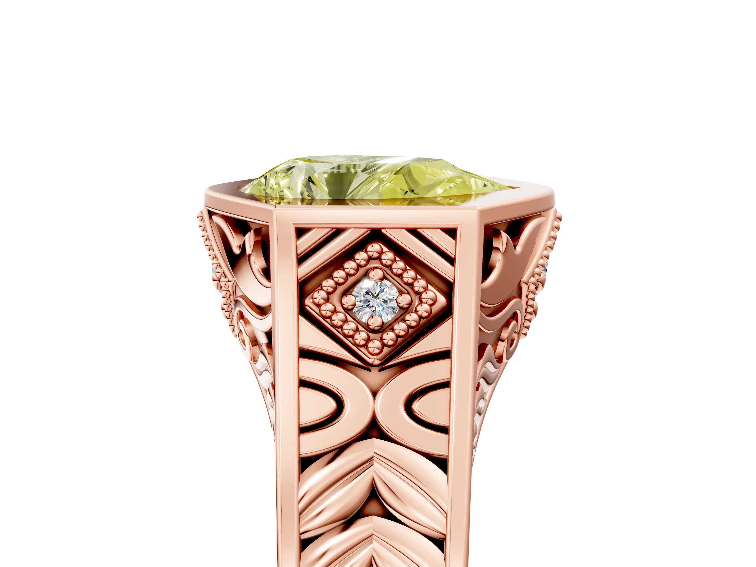 Rose gold Hexagonal Bezel Fancy Yellow Pear Cut Diamond Engraved Band Prong Ring_17