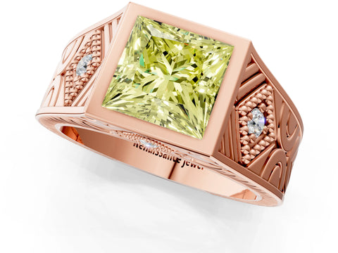 Rose gold Hexagonal Bezel Fancy Yellow Princess Cut Diamond Engraved Band Prong Ring_1