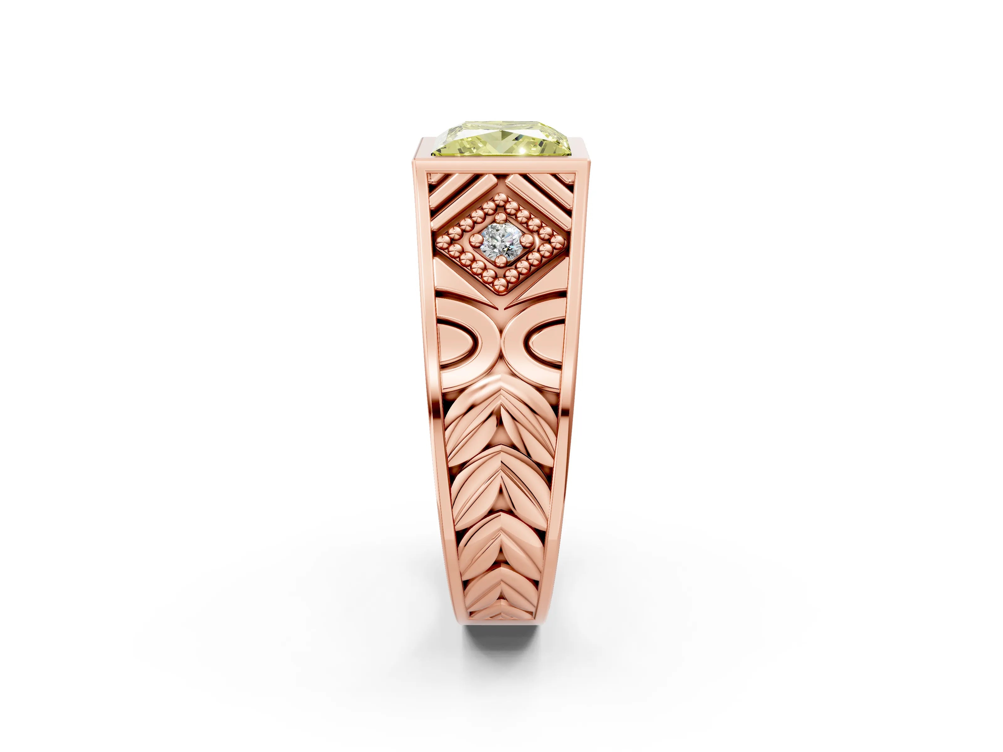Rose gold Hexagonal Bezel Fancy Yellow Princess Cut Diamond Engraved Band Prong Ring_2