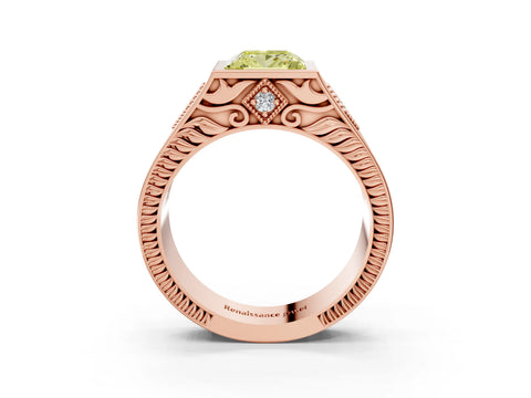 Rose gold Hexagonal Bezel Fancy Yellow Princess Cut Diamond Engraved Band Prong Ring_3