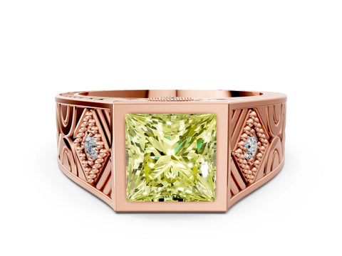Rose gold Hexagonal Bezel Fancy Yellow Princess Cut Diamond Engraved Band Prong Ring