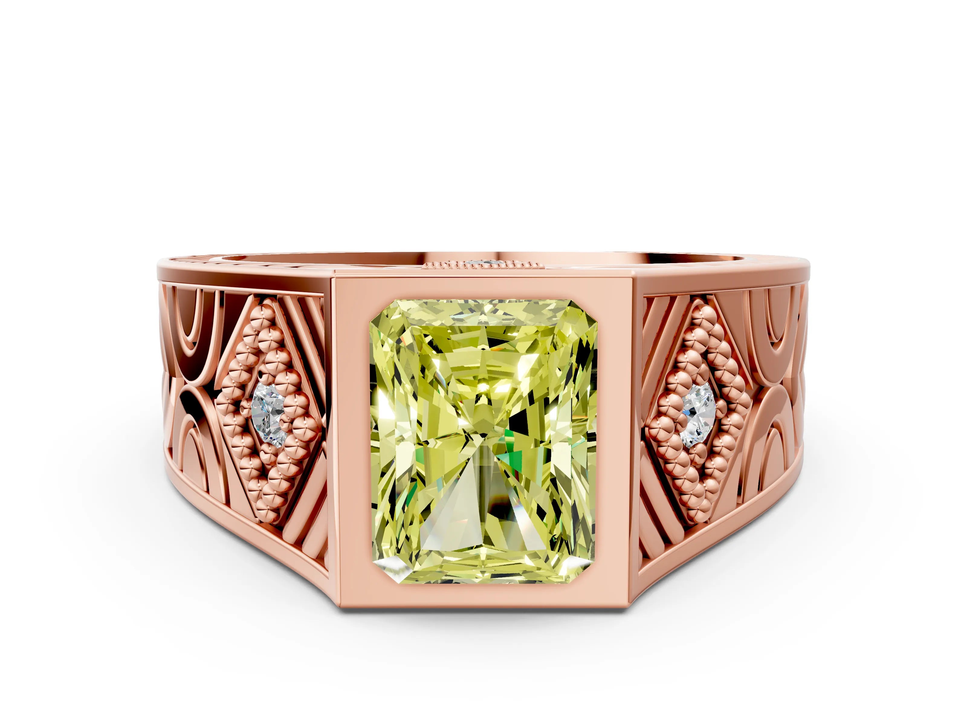 Rose gold Hexagonal Bezel Fancy Yellow Radiant Cut Diamond Engraved Band Prong Ring_12