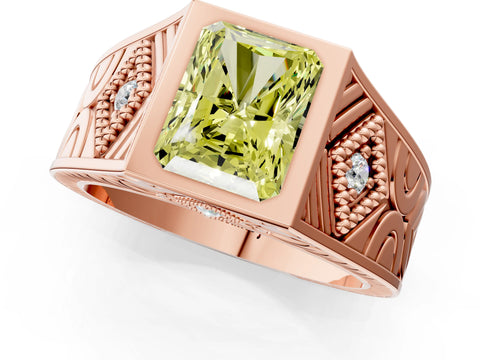 Rose gold Hexagonal Bezel Fancy Yellow Radiant Cut Diamond Engraved Band Prong Ring_13
