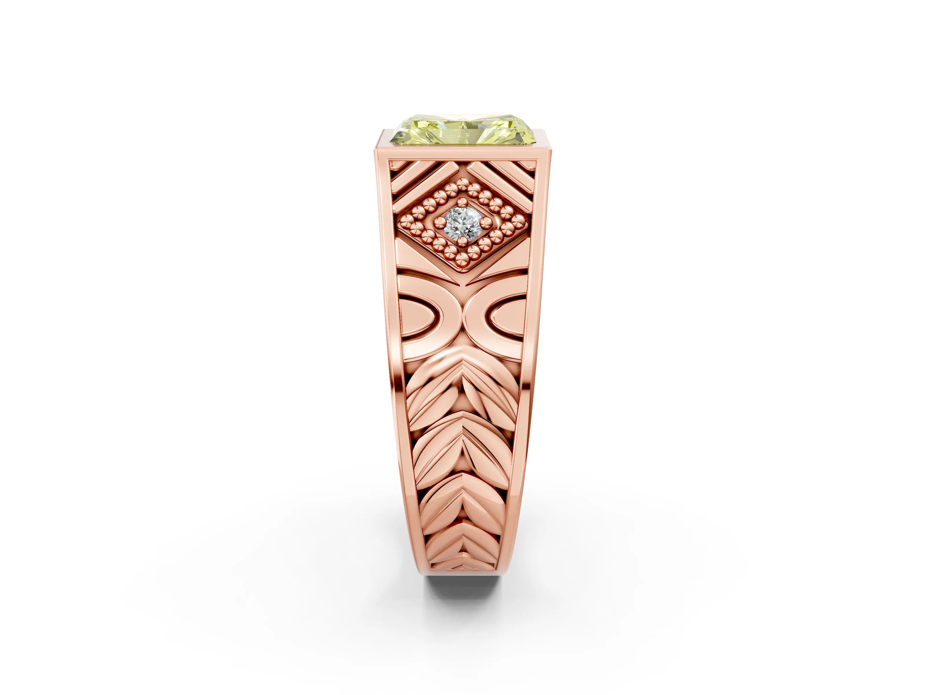 Rose gold Hexagonal Bezel Fancy Yellow Radiant Cut Diamond Engraved Band Prong Ring_14
