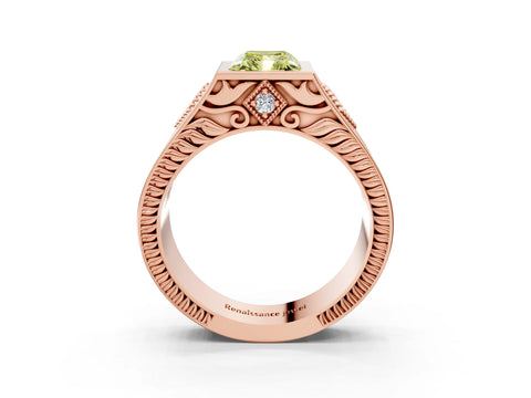 Rose gold Hexagonal Bezel Fancy Yellow Radiant Cut Diamond Engraved Band Prong Ring_15
